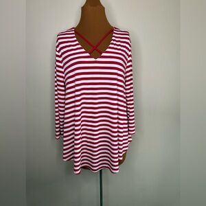 Chico's Red and White Striped Curved Bottom 3/4 Sleeve Blouse Size Large